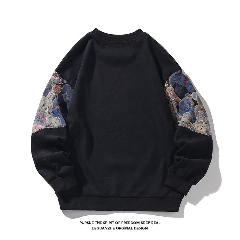 Men'S Bear Sweater Men'S Spring And Autumn Splicing Contrasting Color Embroidery Couple Crew Neck Sweater Men'S Top