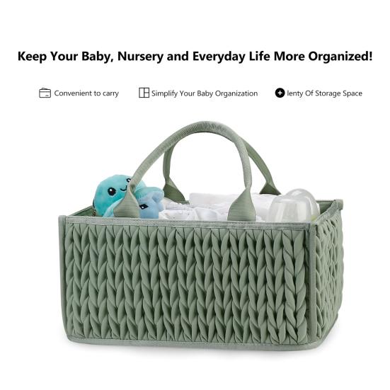 Braided Quilted Diaper Caddy Organizer Boho Nursery Storage Basket with Compartment Portable Handle Baby Wipes Diaper Bag Bin Newborn Essentials
