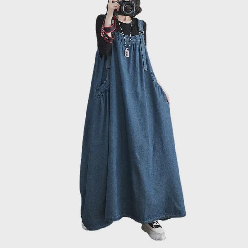 2025 New Plus Size Women's Retro Denim Overalls Dress: Loose, Slim, Swing Design for Spring/Summer