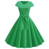 Damen Sommer Vintage Kleid Mit Gürtel Kurze Ärmel V-Ausschnitt Elegant Retro Schwingendes Partykleid