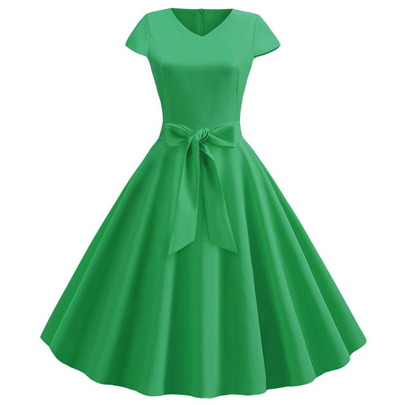 Damen Sommer Vintage Kleid Mit Gürtel Kurze Ärmel V-Ausschnitt Elegant Retro Schwingendes Partykleid