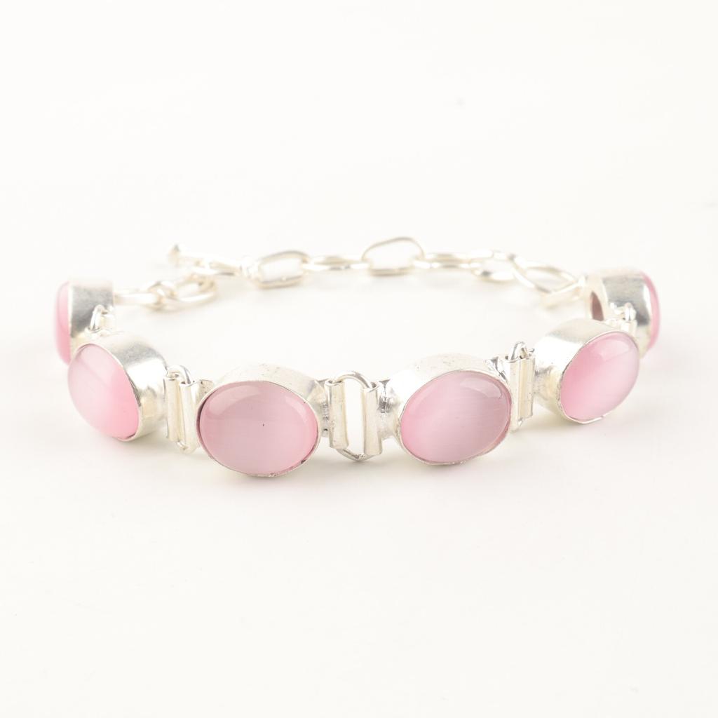 Natural Pink Cat's Eye Gemstone 925 Sterling Silver Jewelry Handmade Bracelet 8" RB-4-27