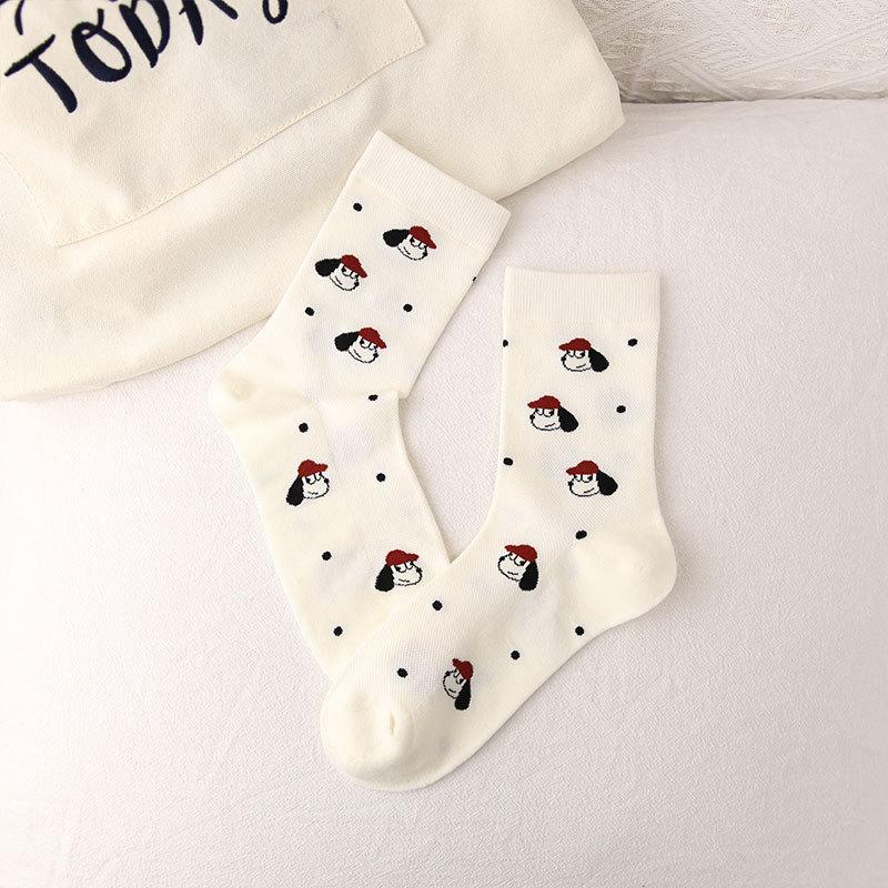 Dongdaemun Cartoon Puppy Mid-Tube Socks For Women, Breathable Thin Boneless With Small Leather Shoes And Cotton Socks