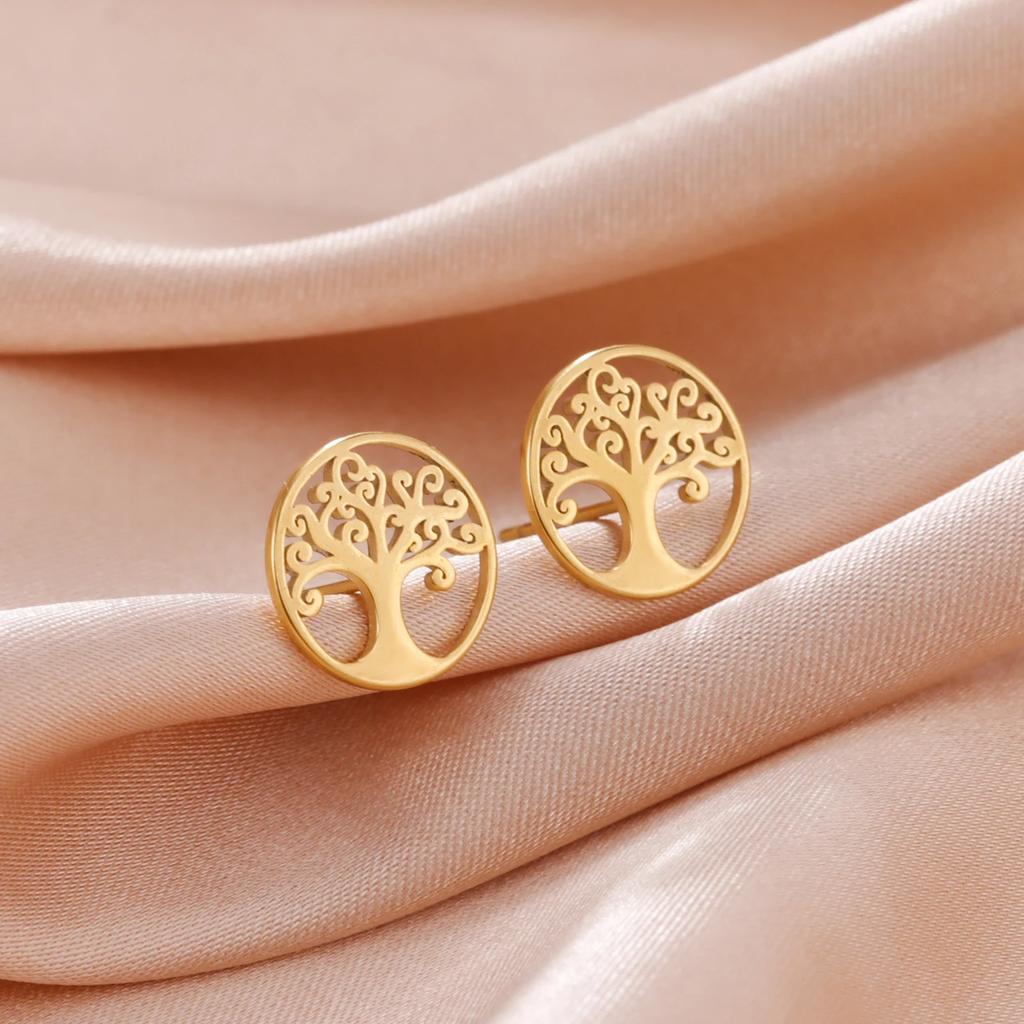 Tree of Life Stud Earring Stainless Steel Gold Amulet Ear Stud Vintage Jewelry Birthday Gift for Mother Friends