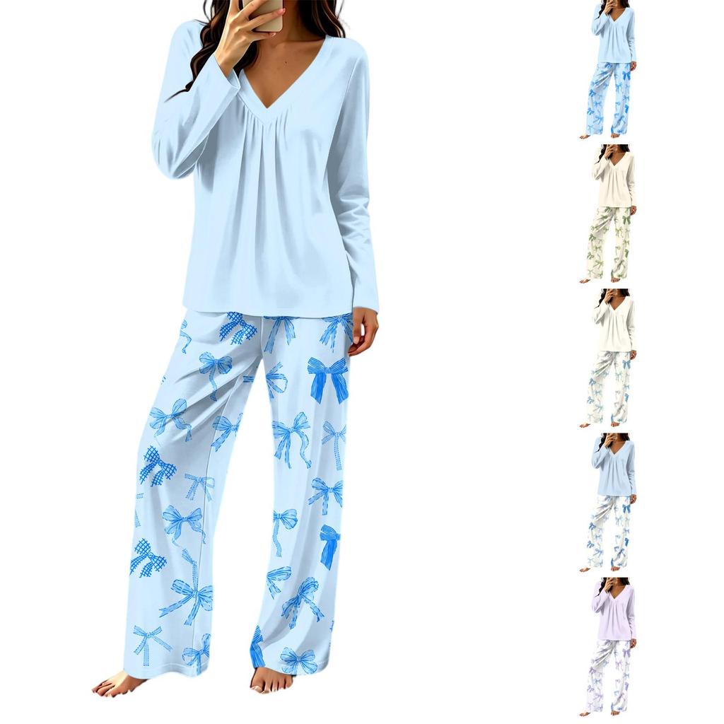 Women's V-Neck Loose Fit Printed Pajama Set Two Piece Sleepwear for Casual