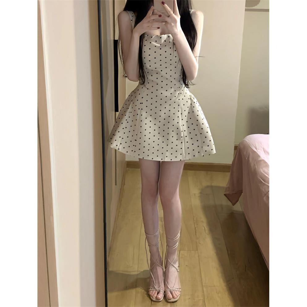 Summer New Daughter Storm Point White Dress French Square Collar Sleeveless A Word Short Dress Women's Dress