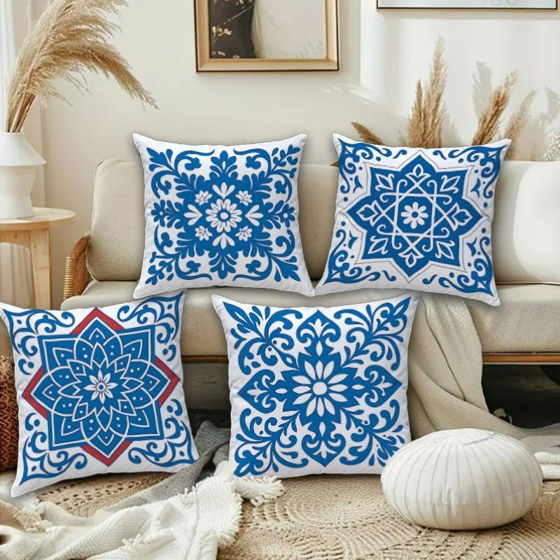 Blau-Weiße Florale Fliesen Kissenbezüge, Marokkanische Damast Dekorative Überwurf-Kissenbezüge, Boho Wohnkultur Für Sofa Bett, Ohne Füllung