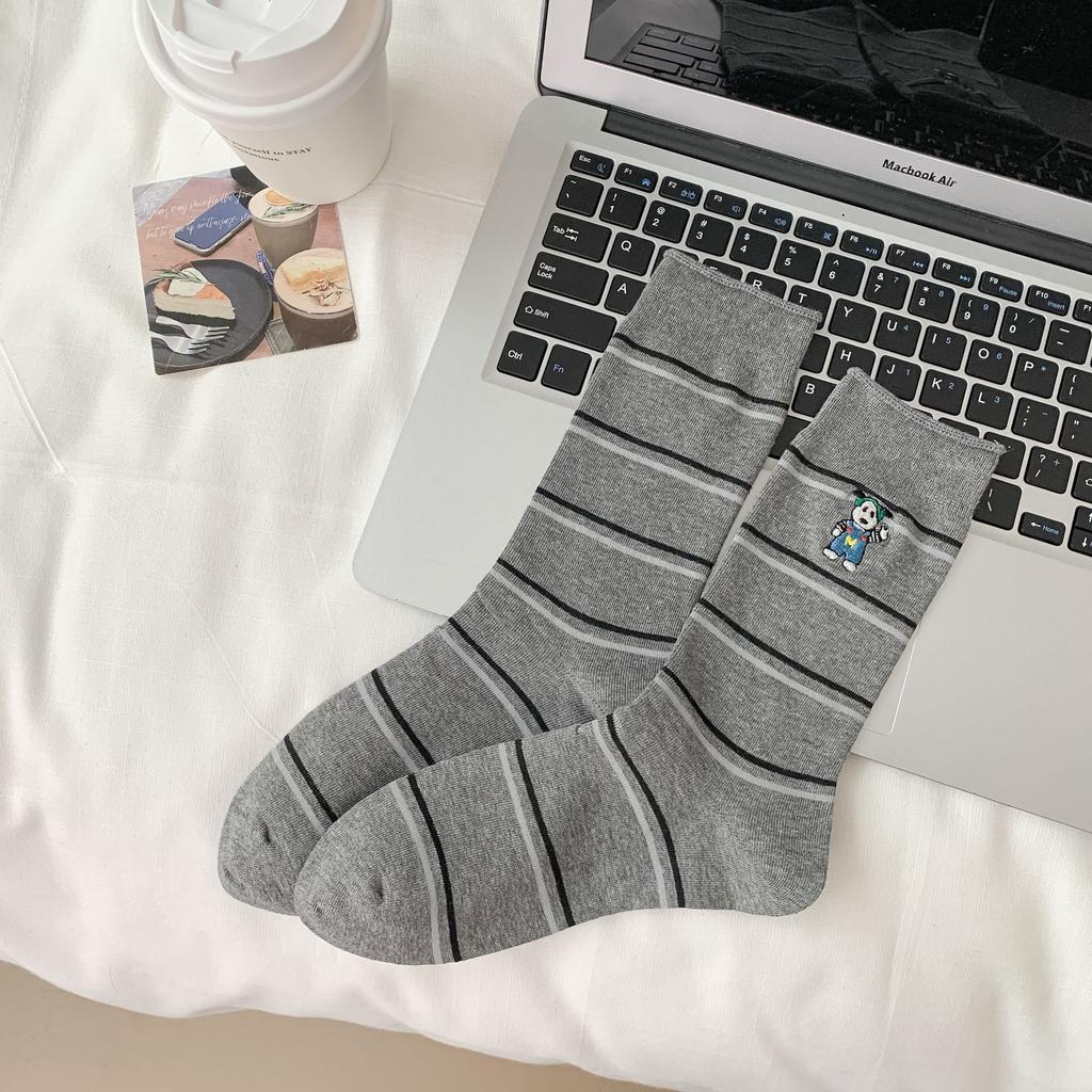 Casual Mid-Leg Socks Embroidered High-Value Striped Bear Korean Socks