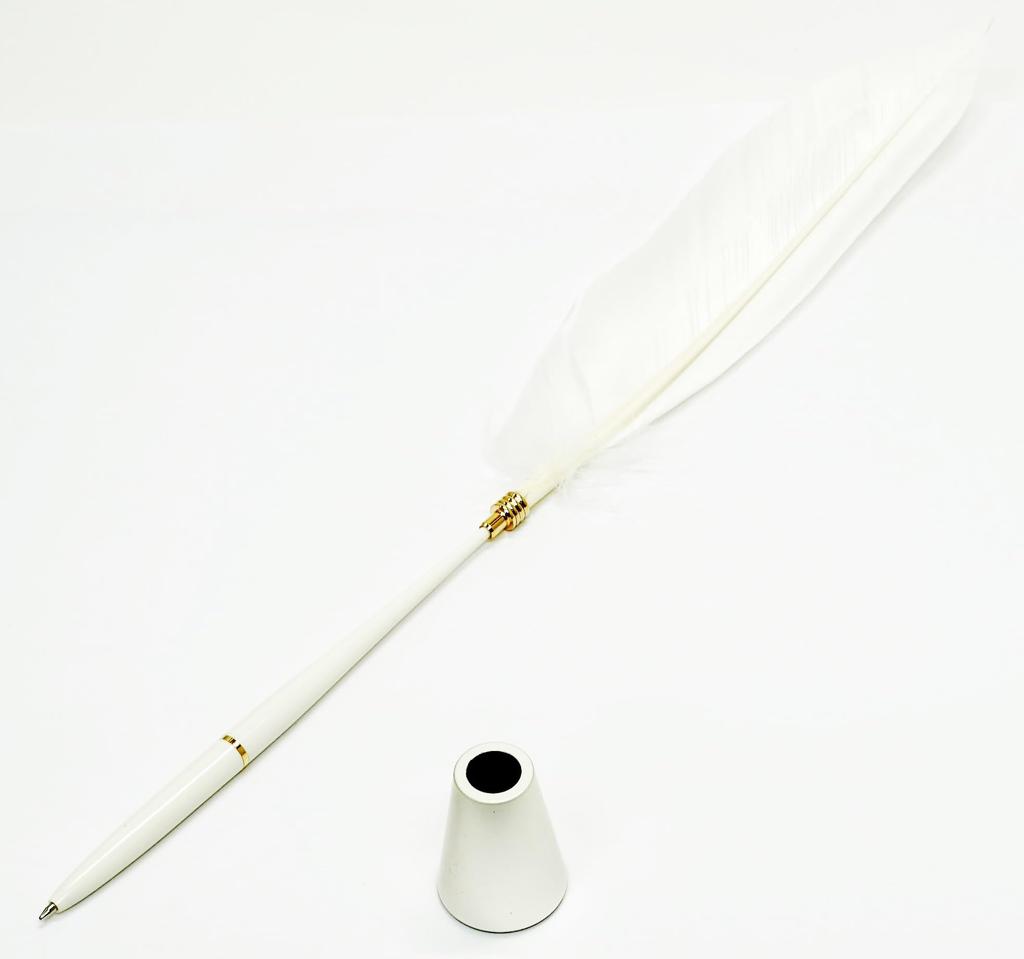 2 Set Pack Japanese Processed Goose Feather Plastic Shaft Bunker Pen Blasda Cap Pen Stand White Feather + Q-S1P1WG-2-W
