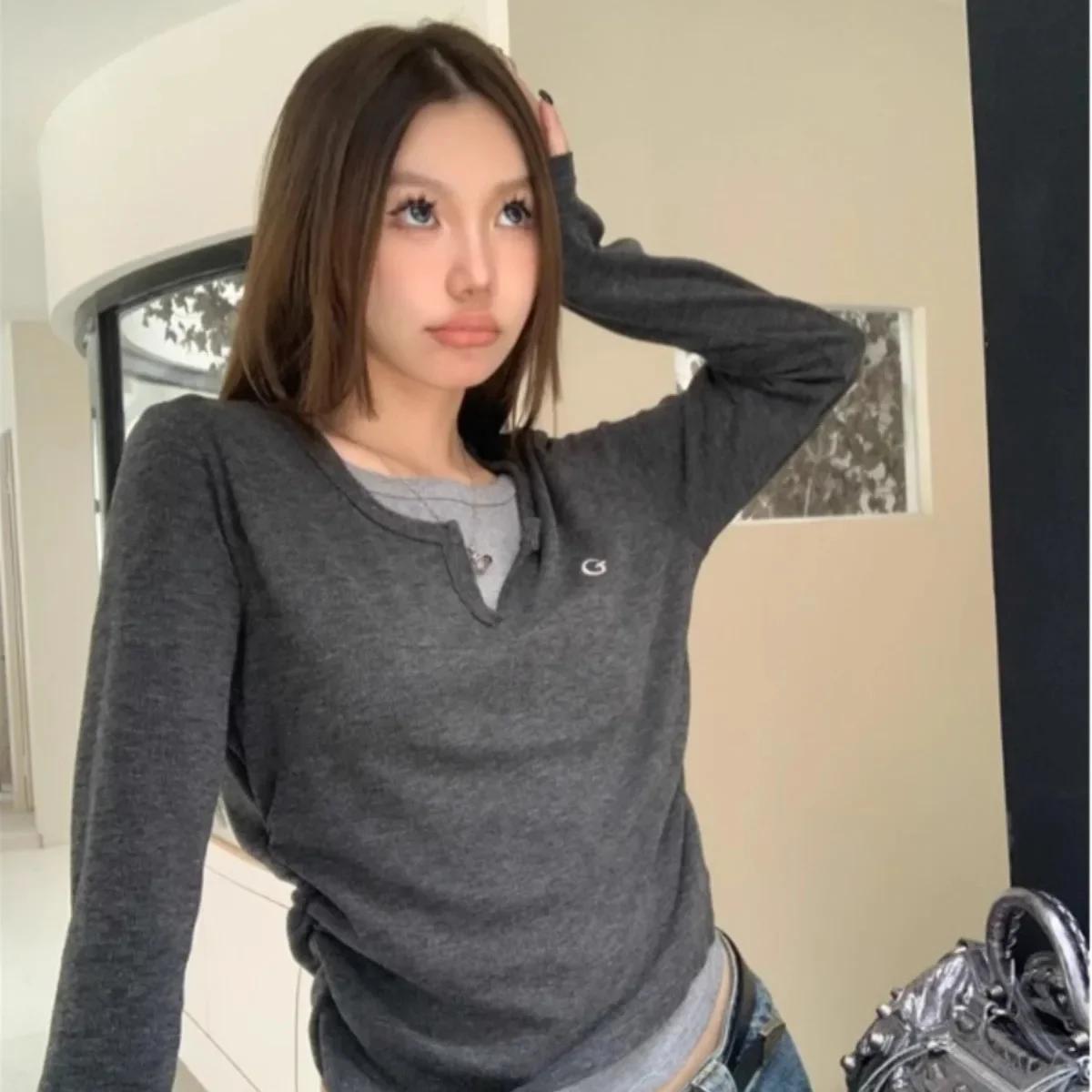 

VAYLA Autumn Winter Long Sleeves Korean Fashion Style O-neck Tshirt for Women Fake Two Items T-shirts Ladies Top Tee Clothes M