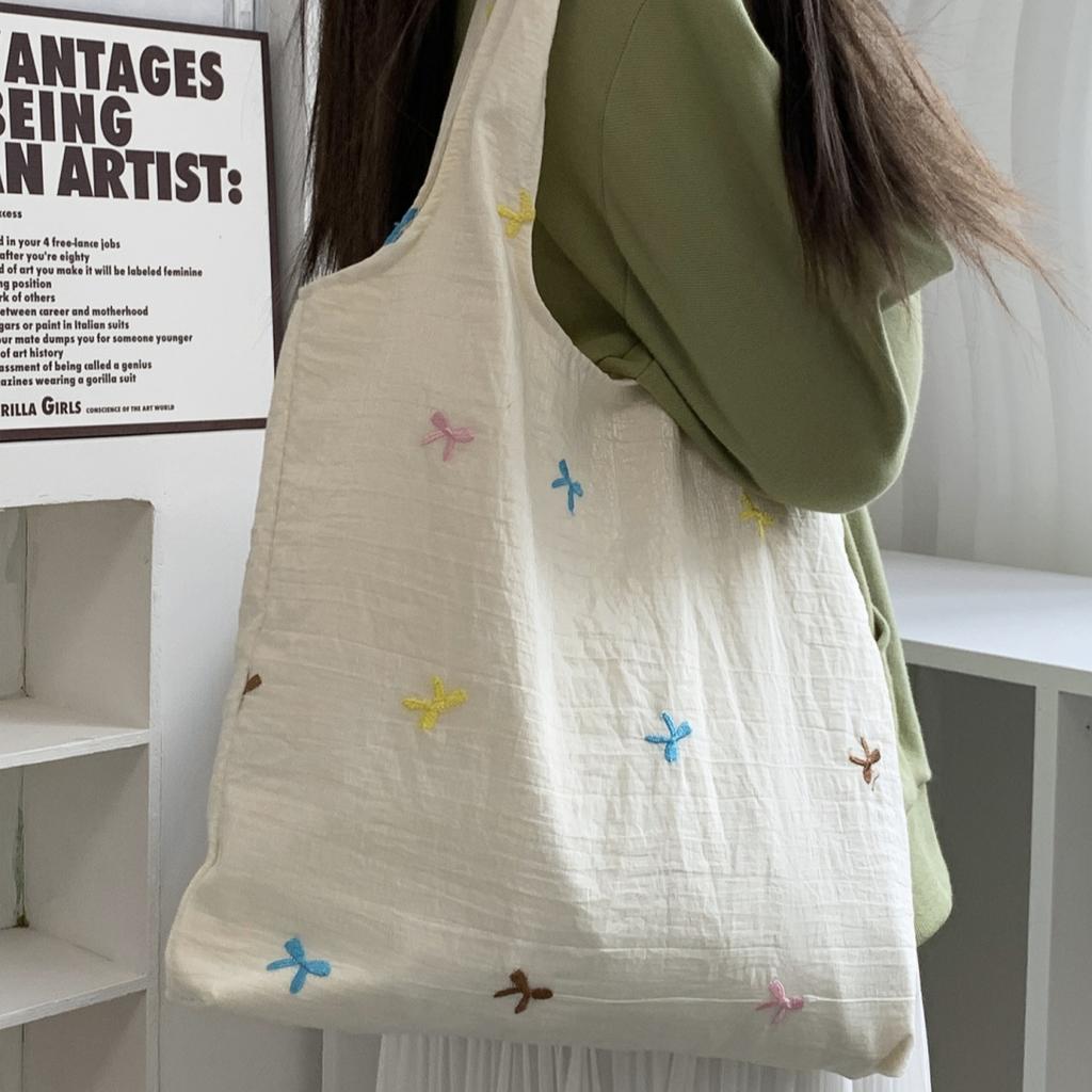 Korean Embroidered Floral Canvas Tote Bag Women's Single Shoulder Bag Casual Floral Printed Canvas Handbag Shopping Bag