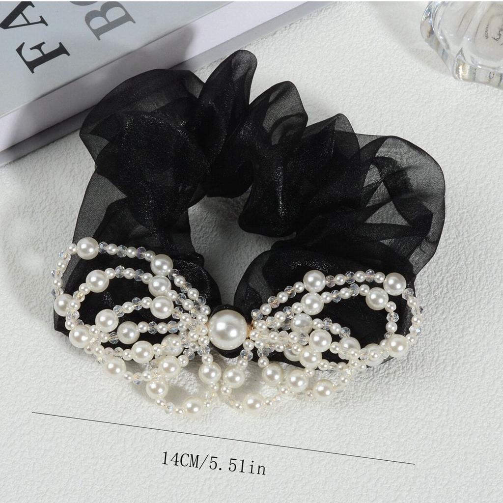 Sweet and Elegant French-Style Faux Pearl Bow Oversized Scrunchie Mesh Black Hair Tie for Girls and Women Hair Accessories