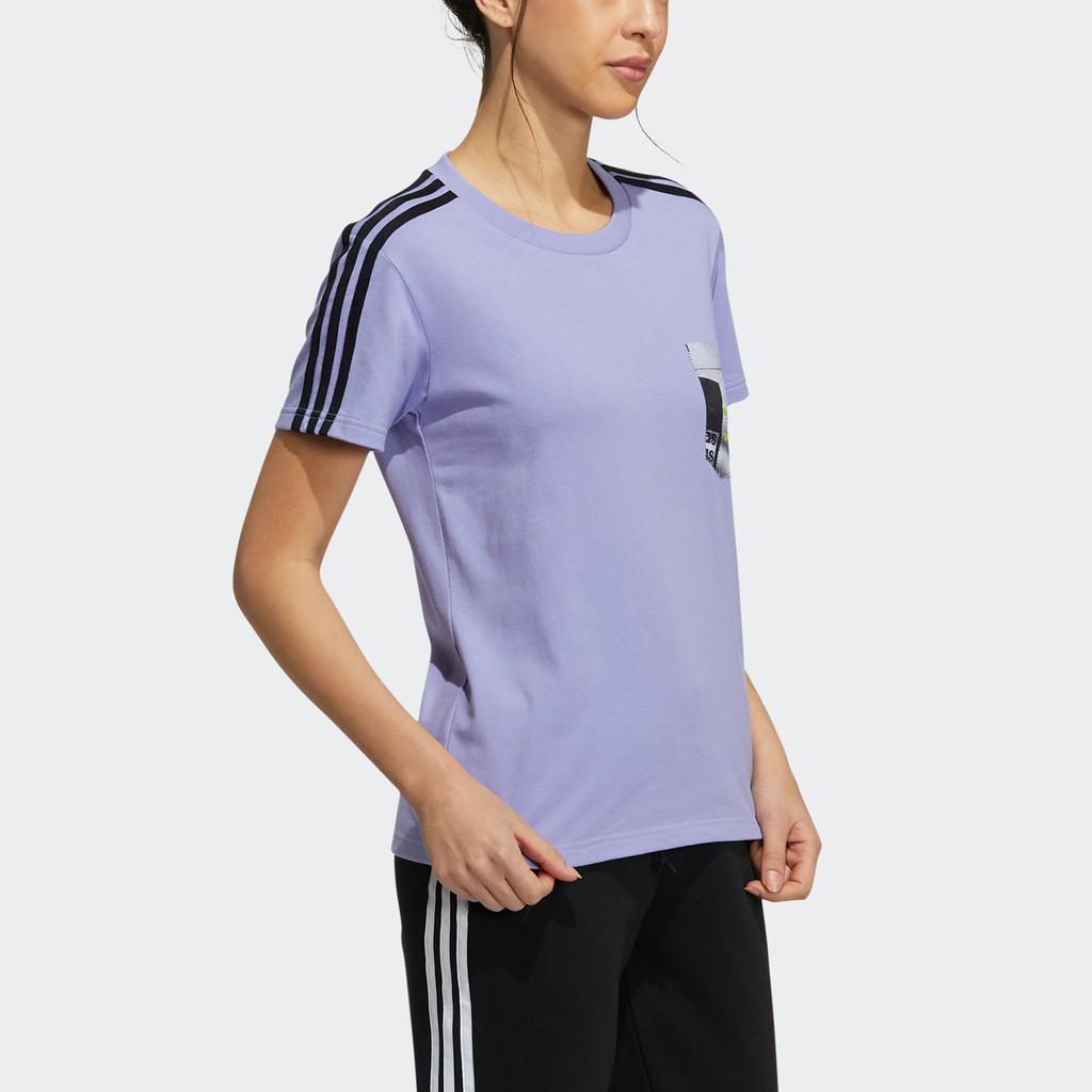 Adidas Originals Trefoil Ss Three Stripes Pocket Printed Sports Crew Neck Short Sleeve T-Shirt Women T-Shirts Purple HA1493