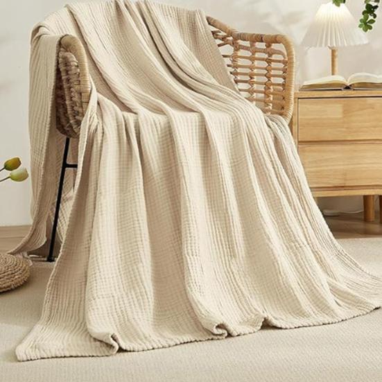 Muslinkos Sommer Sofateppe Pustende Ensfarvet Muslinklede Koseteppe for Seng Sofa Reise Feriebruk