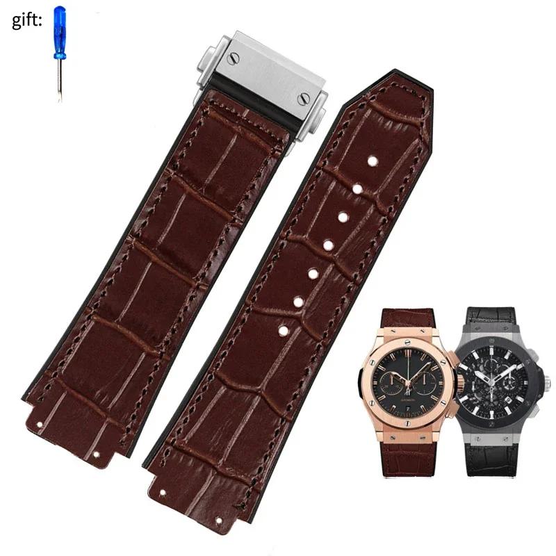 26*19mm Real Cow Leather Rubber Watchband for HUBLOT Classic Fusion Universe Big Bang Series Men belt Watch band butterfly Buckl