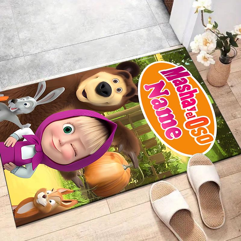 Custom Masha and the Bear Mat Personalized Name, Polyester Washable Indoor Entryway Rug, Gift for Christmas, Easter, Thanksgiving Day