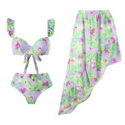 Novo estilo de biquíni dividido de três peças, maiô sexy, malha, saia oblíqua, conjunto de maiô
