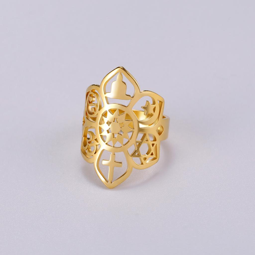 LIKGREAT Stainless Steel Lotus Flower Ring Moon Star Yoga Cross Star of David YinYang Symbol Rings Spiritual Amulet Jewelry