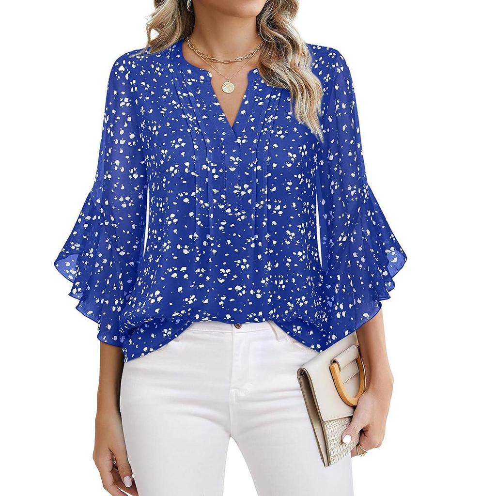My Garderobe Authorization Damenblusen Chiffon Rüschen Kurzarm V-Ausschnitt Business Casual Tops Sommer süßes Hemd