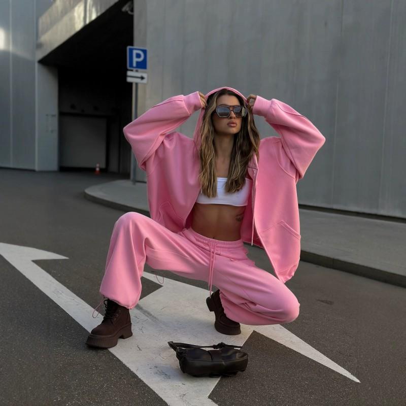 Womens Streetwear Casual 2-Piece Set: Zip-Up Hooded Long Sleeve Top Drawstring Wide Leg Pants Solid Color Knit Outfit
