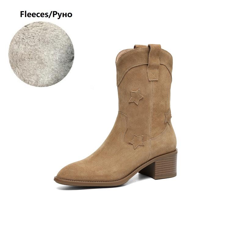 

Fashion NEW Autumn Women Boots Pointed Toe Chunky Heel Shoes Cow Suede Leather Shoes Women Appliques Slip-on Western Boots Daily Shoes 42