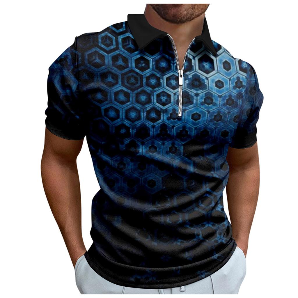 Work Clothes Creative Stripe 3D Printing Men's Short-sleeved Zip Shirt