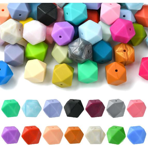 DanLingJewelry 50Pcs 17mm Hexagon Silicone Beads Bulk Colorful Rubber Large Polygonal Silicone Loose Beads for Keychain Lanyards Jewerlry Making