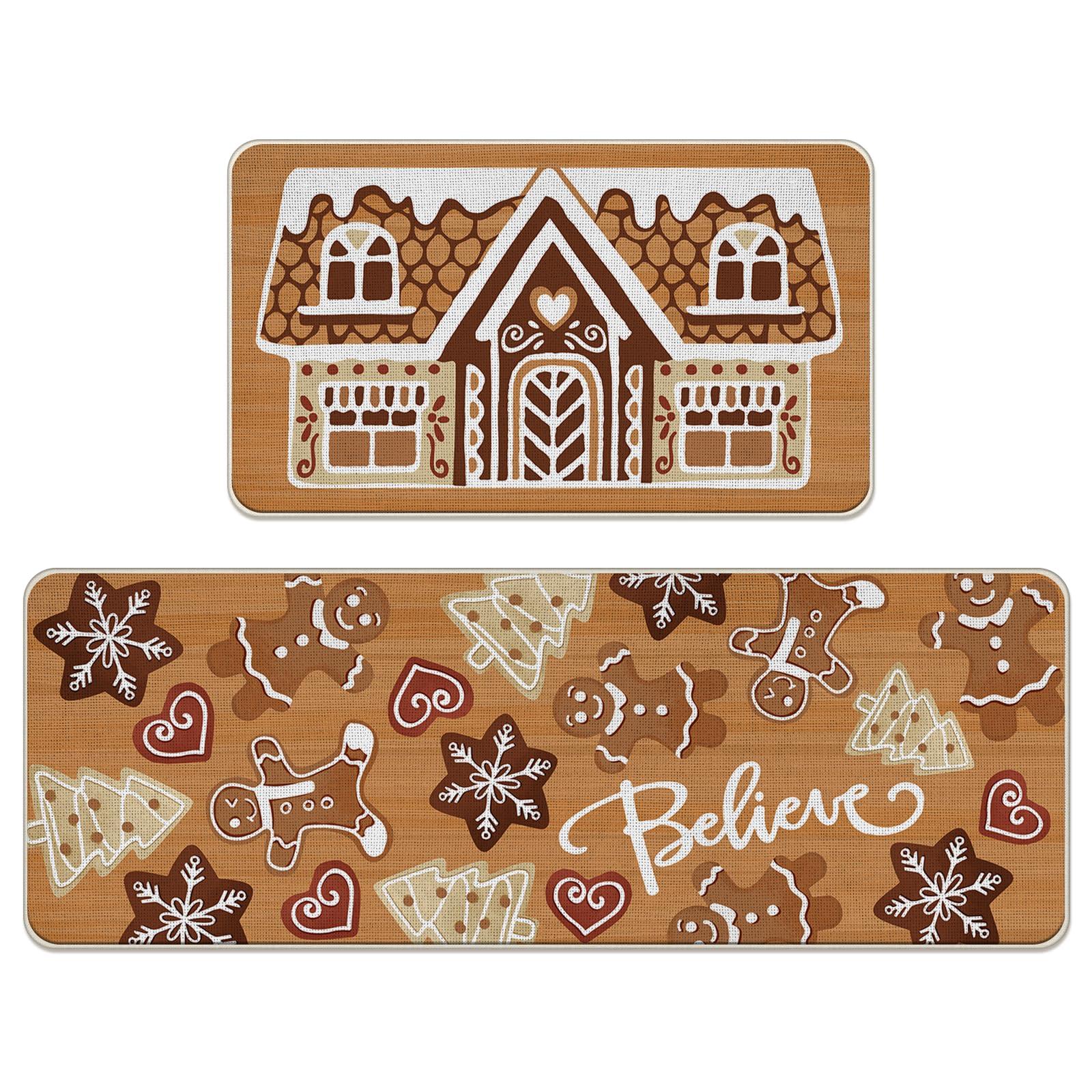 

2-Piece Christmas Kitchen Rug Set, Gingerbread House Bathroom & Kitchen Mats, Stain-Resistant Non-Slip Home Decor 2PC 40x60 40x120CM