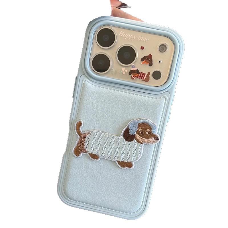 Three-dimensional Embroidery Dachshund for iPhone17promax Bulging Bag Leather Pattern Mobile Phone Case Apple 16 Cute 15 Soft