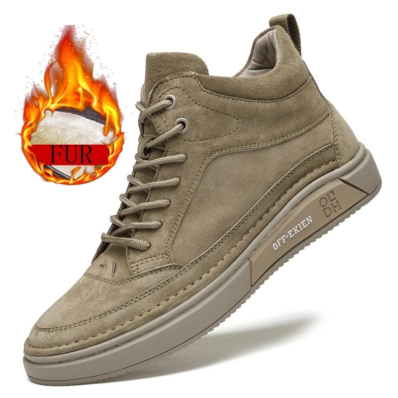 Fashion Comfortable Suede Leather Ankle Boots Outdoor Cowboy Boots Warm Plush Fur Winter Boots for Men Non-Slip Male Snow High-top Shoes