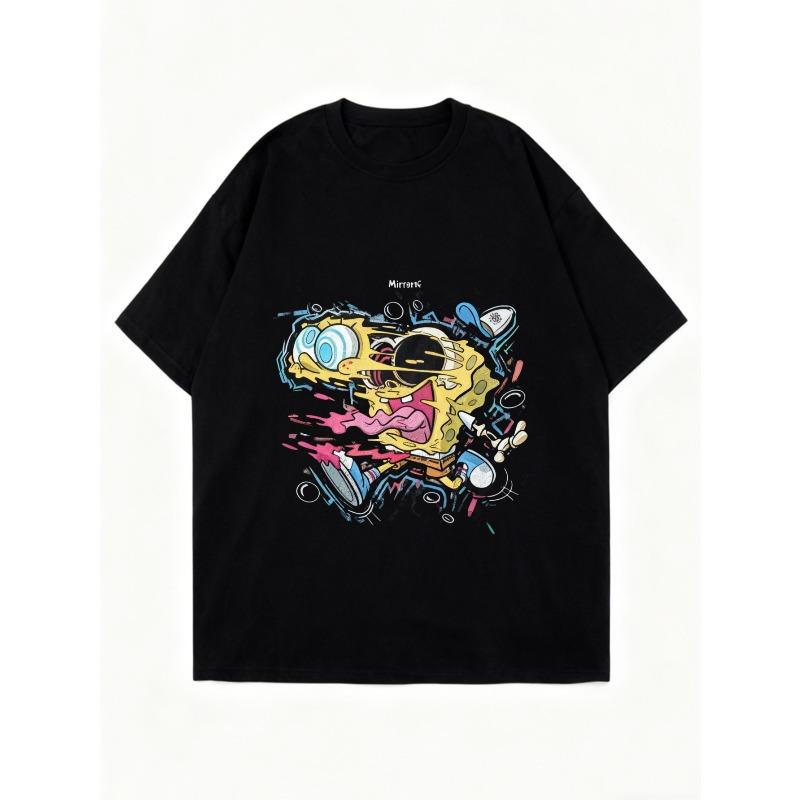 Oversized T-Shirt Black SpongeBob SquarePants Graphic Print With Text MICHIN For Casual Wear Street Style Fashion