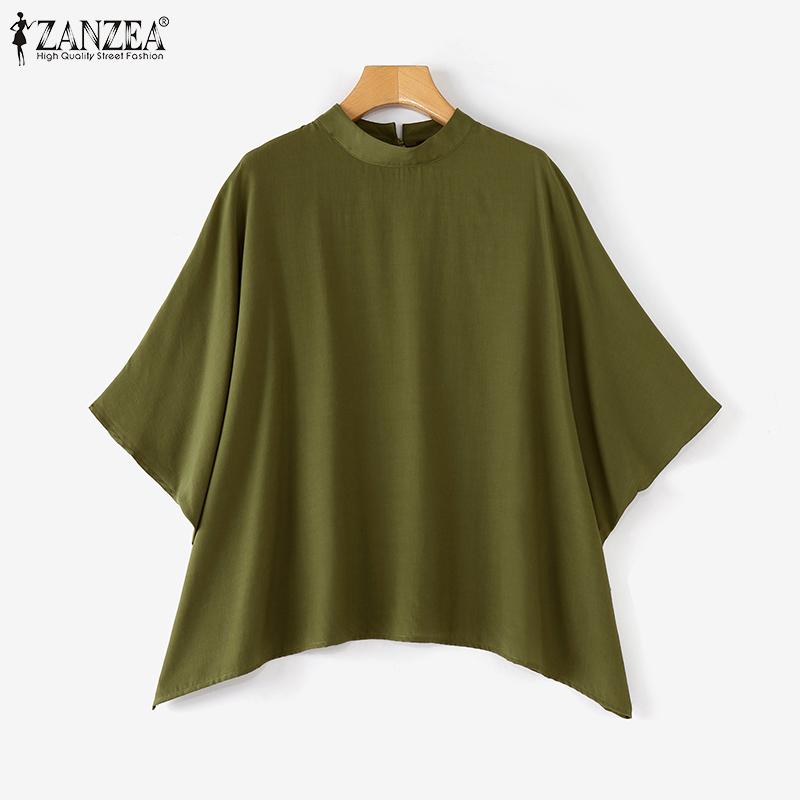 ZANZEA Women Casual Stand Collar Bat 3/4 Sleeve Loose Solid Color Blouses