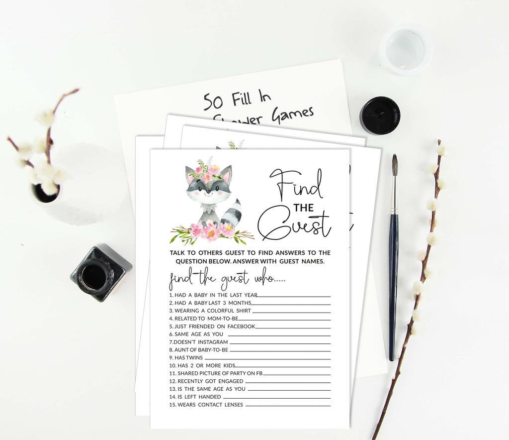 Inkdotpot Floral Raccoon Baby Shower Game Set Of 50 BabyA  AlphabetA  ABCA  Game Gender Neutral Party
