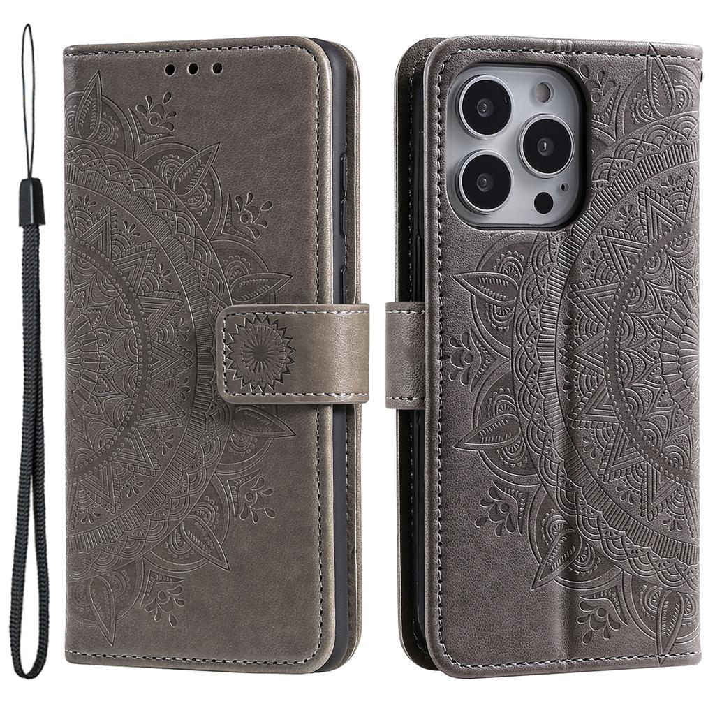 For iPhone 15 Pro Flip Phone Case PU Leather Mandala Flower Imprint Stand Wallet Cover with Strap