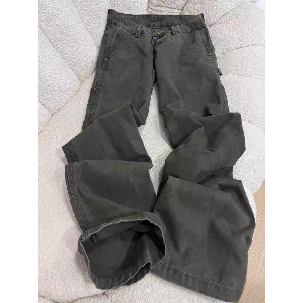 Women's High Waist Military Green Wide-Leg Cargo Jeans - Retro Floor-Length Pants