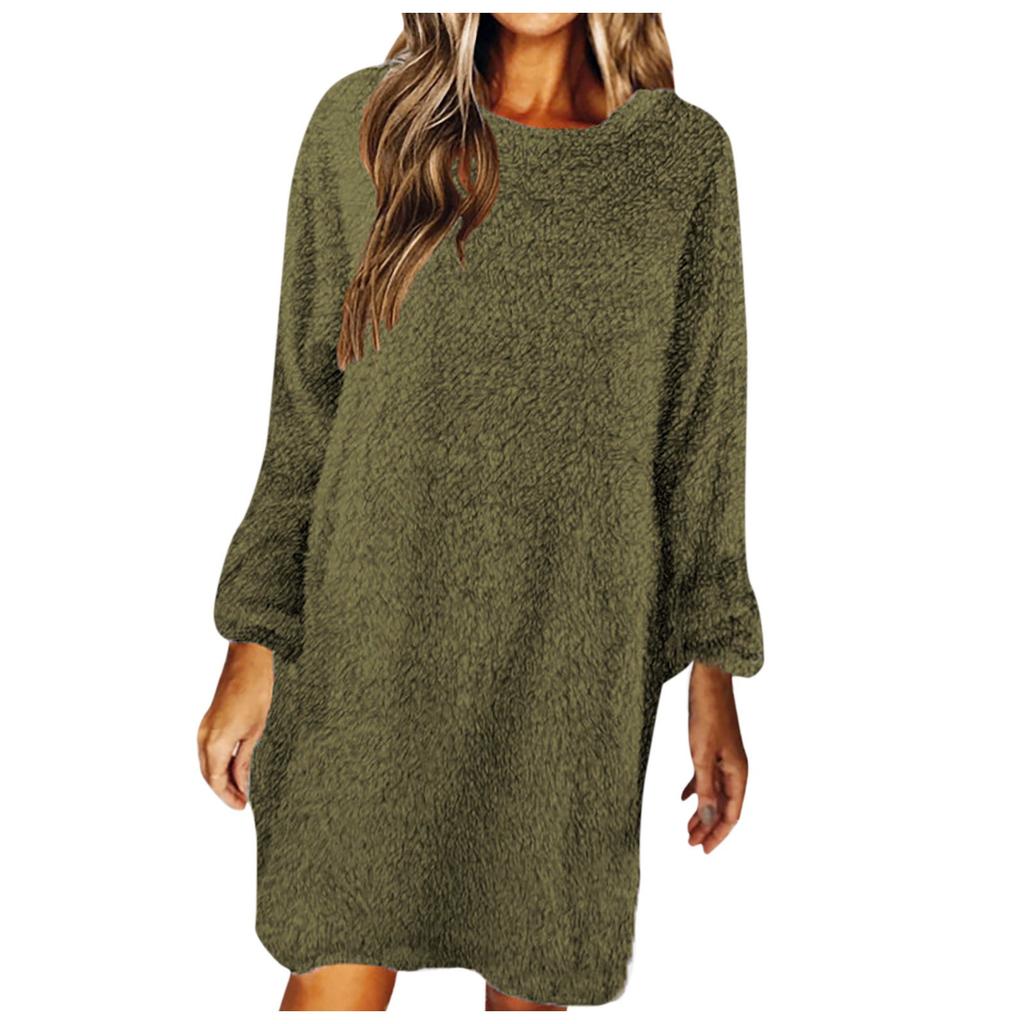Fashion Women's Solid Color Round Neck Long Sleeve Loose Plush Dress Sweater Dress