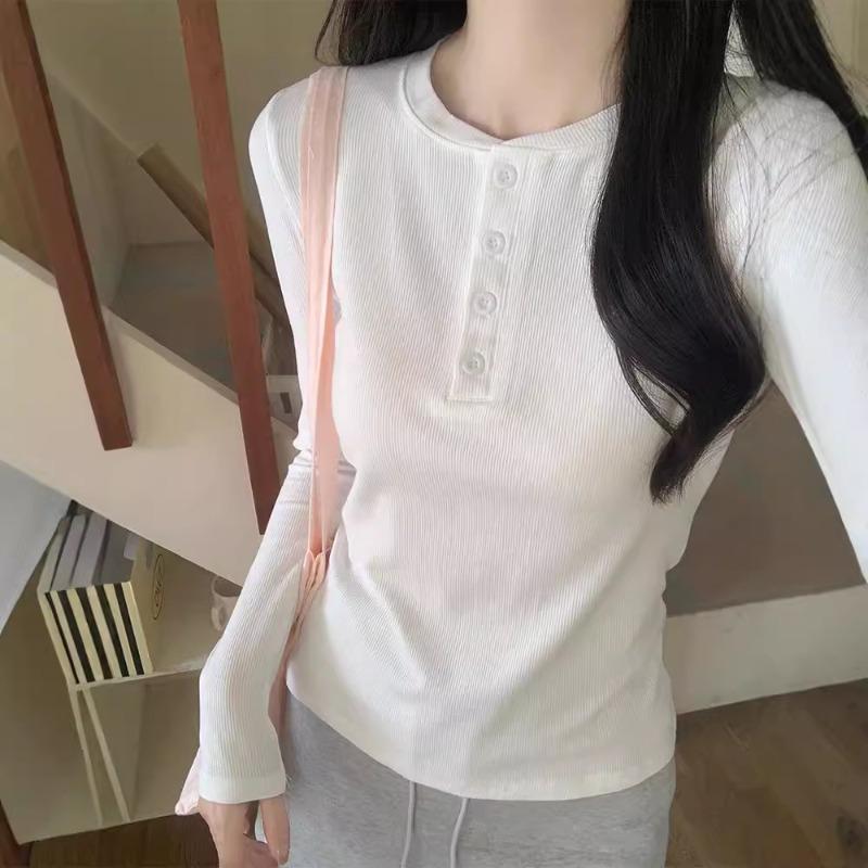 Front shoulder single-breasted long-sleeved T-shirt women's spring new simple and versatile top white bottoming shirt