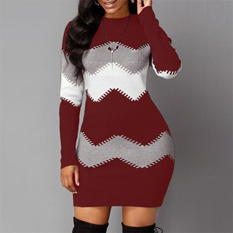 Dámské elegantní patchworkové šaty s dlouhým rukávem, teplé, podzimní zimní žebrované pletené svetrové šaty, ležérní rolákový pulovr, mini šaty