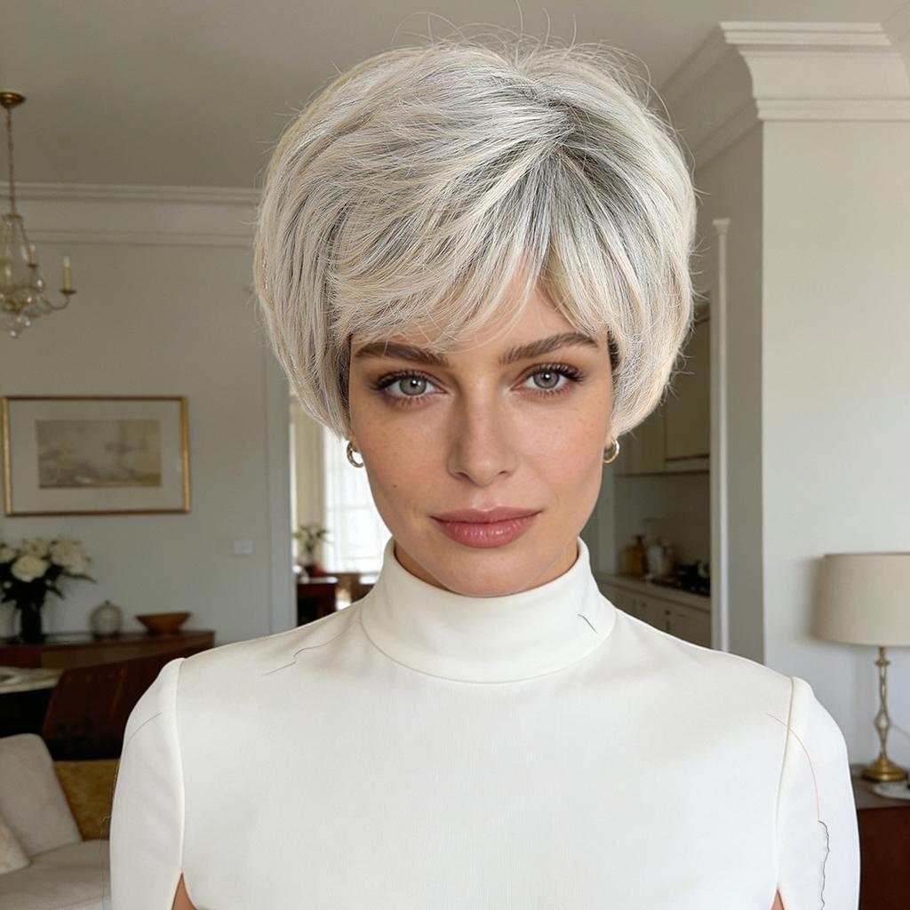 10 Inch  Short Wigs for White Women Layered Mixed Blond Pixie Cut Wigs with Bangs Synthetic Short Hair Replacement Wigs