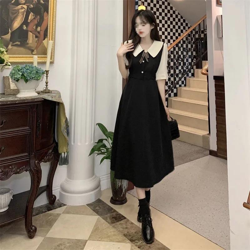 College style splicing contrasting color doll collar bubble sleeve dress high-end women's summer large size waist A-word long dress