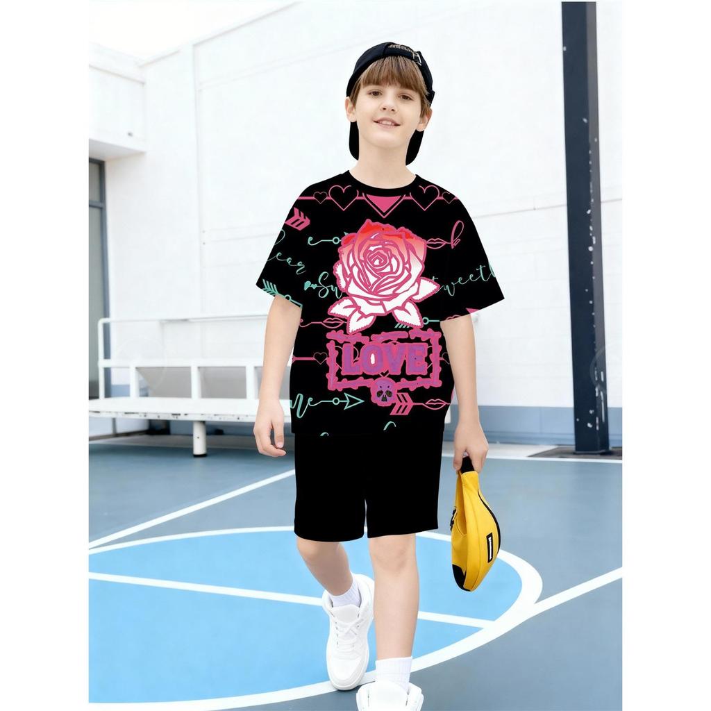 Boys' set of fashionable cartoon pattern 3D printed summer round neck T-shirt and shorts set