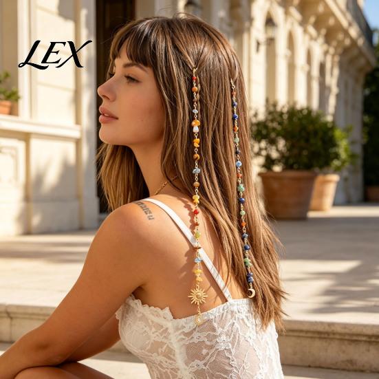Sea Themed Hair Accessories 2Pcs Bohemian Long Tassel Braided Chain with Clips, Colorful Gift for Ocean Style Lovers Sun Moon Pendant, Jewelry