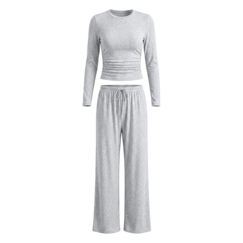 Womens Solid Color Casual Long Sleeve Top Pants Set Streetwear