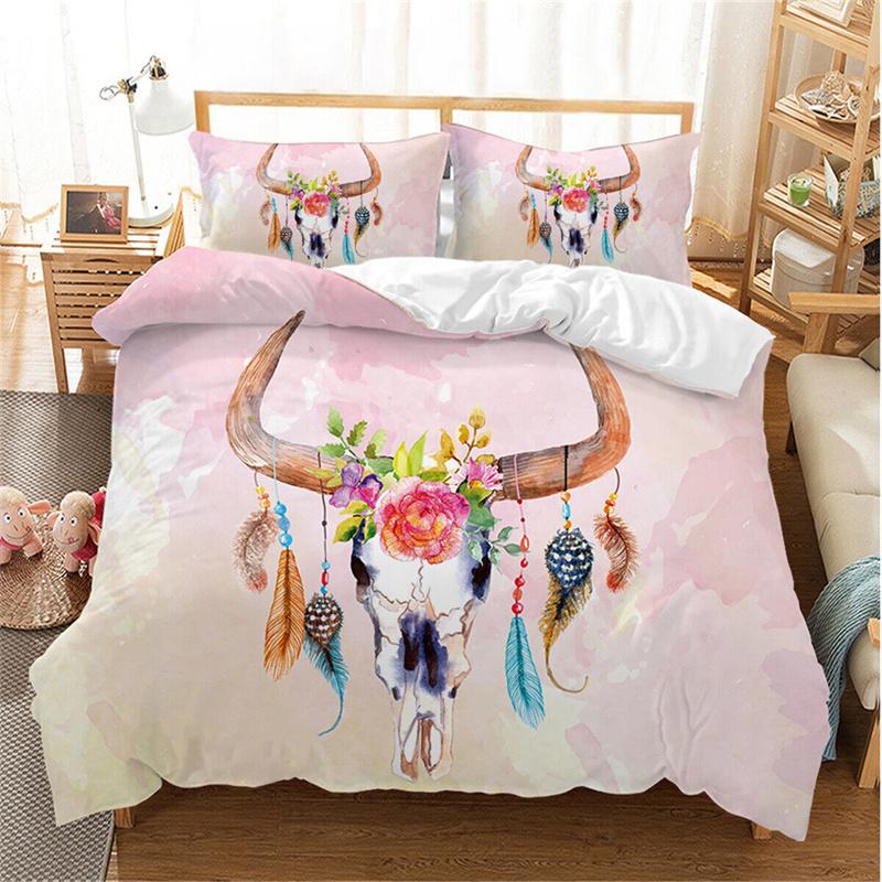 Farm Animal Duvet Cover Set Single King Queen Bohemian Mandala Bedding Set Microfiber Deer Bull Head Cow Skull Comforter Cover