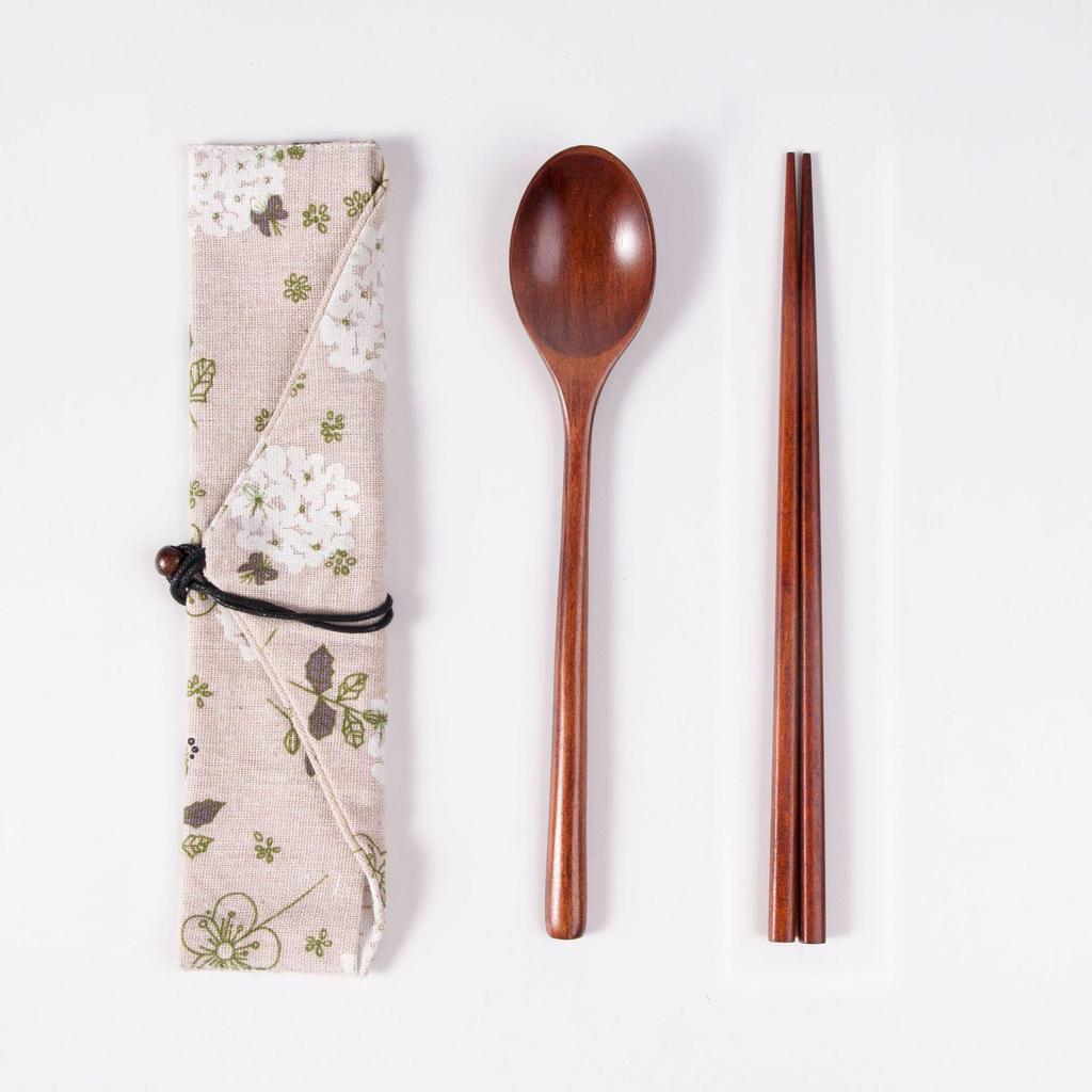 Japanese Wooden Portable Tableware Set: Long-Handled Spoon, Fork, and Chopsticks - Korean Style Three-Piece Set for Outdoor Use.