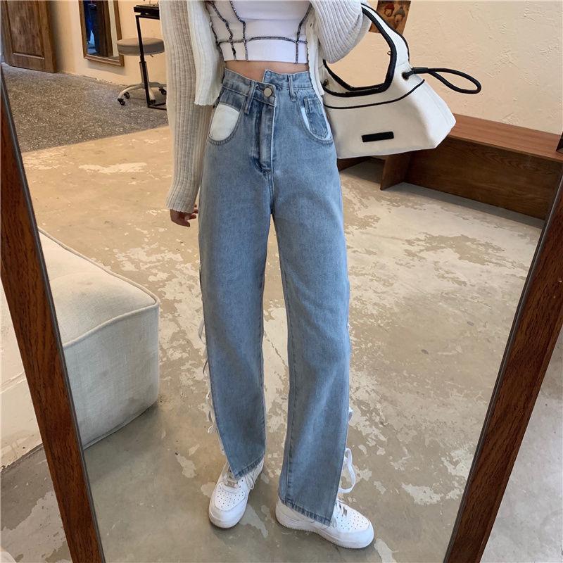 European and American Style High Waisted Split Strap Jeans for Women with Straight Sleeves and Slim Wide Legs, Fashionable Women's Clothing