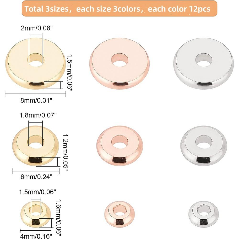 108Pcs 9 Styles Brass Spacer Beads, Disc, Mixed Color, 4~8x1.2~1.6mm, Hole: 1.5~2mm, 12pcs/style