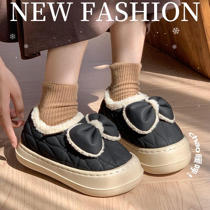 Winter New Cotton Drag Less Bow Wear At Home Thick Bottom Small Slippers Velvet Warm