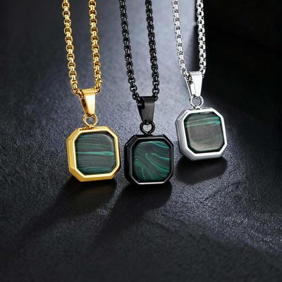 Fashion High Quality Natural Stone Square Pendant Stainless Steel Long Chain Necklace Trendy Simple Popular Jewelry for Men Gift