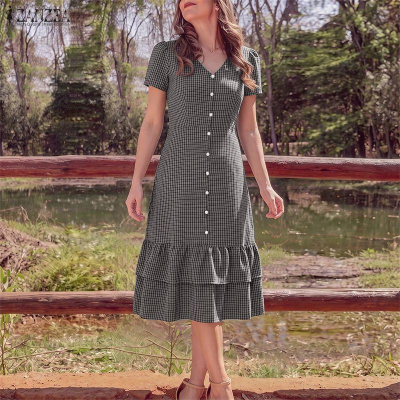 ZANZEA Women Daily Summer V-Neck Plaid Print Short Sleeve Casual Dress